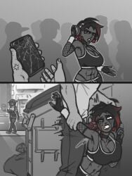 1boy 1girls black_hair blood brain_fuck brain_matter breasts broken_phone choker clothed comic corpse dark-skinned_female death ear_penetration empty_eyes fingerless_gloves fishnet_armwear gloria_(gurochanop) gore guro gurochanop headphones huge_breasts necrophilia nipples rape red_eyes red_hair sex short_hair skull_fucking snuff sports_bra streaked_hair