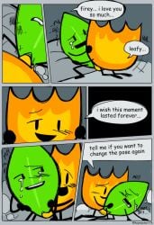 battle_for_dream_island bfdi crying crying_with_eyes_open dialogue firey_(bfdi) jacknjellify jnj leafy_(bfdi) penetration sex text vaginal vaginal_penetration wholesome_sex