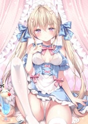 1girl apron blush breasts breasts_out cameltoe clothed detached_collar detached_sleeves golden_hair hair_ornament hair_ribbon highres maid maid_apron maid_headdress maid_outfit maid_uniform medium_breasts nipples original panties sitting skirt_lift spread_legs straight_hair thighhighs tied_hair twintails watagashi_yui