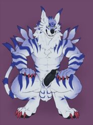 anthro armpit_hair balls bodily_fluids body_hair canid canine claws cum digimon digimon_(species) erection fur garurumon genital_fluids grin hi_res male male_only mammal muscular muscular_male paws penis precum rexjaws simple_background smile solo stripes