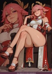 1girl ai_generated animal_ears bare_legs bare_shoulders bebora breasts crossed_legs detached_sleeves feet fox_ears hair_ornament high_heels jewelry large_breasts legs long_hair looking_at_viewer okobo panties pink_hair purple_eyes sandals sitting smile thighs toenails toes underwear yae_miko