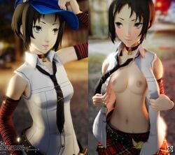bellybutton blue_hat blushing brown_areola brown_hair brown_nipples choker flashing flashing_breasts gamesso8 green_eyes marie_(persona_4) persona persona_4 shirt_open so8 split_screen tie