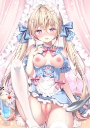 1girl anus apron blush breasts breasts_out cameltoe clothed detached_collar detached_sleeves exposed_breasts golden_hair hair_ornament hair_ribbon highres maid maid_apron maid_headdress maid_outfit maid_uniform medium_breasts nipples no_panties open_clothes open_shirt original pussy sitting skirt_lift spread_legs straight_hair thighhighs tied_hair twintails uncensored watagashi_yui wet wet_pussy