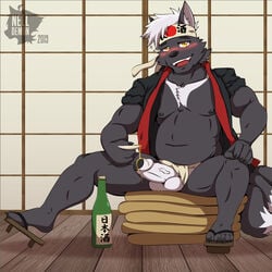 2019 absurd_res alcohol anthro asian_clothing balls belly beverage blush canid canine canis clothing digital_media_(artwork) drunk east_asian_clothing erection fundoshi fur hi_res humanoid_penis japanese_clothing looking_at_viewer male male_only mammal nelldemon nipples penis sake solo substance_intoxication underwear wolf