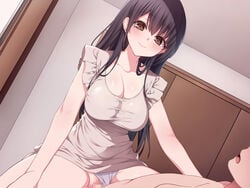 1boy black_hair blush breasts brown_eyes cleavage female himegi_you impossible_clothes indoors large_breasts long_hair looking_at_viewer official_art open_mouth penis sex shirt smile straight vaginal_penetration very_long_hair