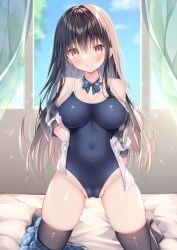 1girl bed big_breasts blush bowtie breasts cameltoe curtains gray_hair highres kneeling large_breasts laying long_hair melonbooks neck_ribbon on_bed one-piece_swimsuit original sailor_uniform school_swimsuit school_uniform seifuku shirt skirt skirt_on_one_leg small_but_busty straight_hair swimsuit thighhighs watagashi_yui