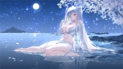 1girls bikini cinderella_(crystal_wave)_(nikke) cinderella_(nikke) cleavage female female_only goddess_of_victory:_nikke happy looking_at_viewer night night_sky nighttime outdoors revealing_clothes skimpy_clothes smile smiling smiling_at_viewer water white_bikini white_hair