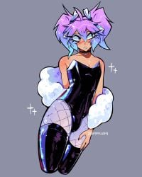 blush bulge bulge_through_clothing choker femboy femboy_only feminine_male fishnets hand_on_thigh latex latex_thighhighs multicolored_hair purple_hair sammyjam simple_background teddy_(clothing) woomi_(sammyjam)
