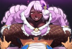 1boy 1boy1girl 1girl 1girls ai_generated ash_ketchum bedroom cowgirl_position crazy_eyes crazy_female dark-skinned_female dark_skin fishnet_legwear fishnets hetero jacinthe_(pokemon) large_breasts male mullon novelai penis pink_hair pokemon pokemon_journeys pokemon_legends:_z-a pov satoshi_(pokemon) sex squatting straight thick_thighs vaginal_penetration