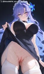 1girls ai_generated blue_eyes cantarella_(wuthering_waves) looking_at_viewer purple_hair pussy shineinsfw smile solo standing uncensored wet wet_pussy wuthering_waves