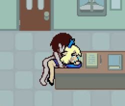 1boy 1girls accurate_art_style animated anthro blonde_hair carol_holiday deltarune deltarune_chapter_4 doggy_style faceless_male from_behind furry human lisnotsfw looking_back_at_partner on_table partially_clothed pixel_art sex straight vessel_(deltarune)