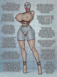 1girls ball_gag bondage bound bound_arms collar drool drooling english_text female female_only femsub gag gagged hairless_pussy high_heels hood hooded lerra22 nipple_piercing piercing piercing_attached_clothing piercing_through_clothes shiny_clothes straitjacket tagme text tight_clothing