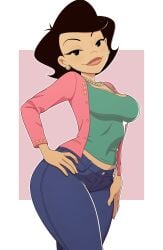 1girls alternate_version_available american_dragon:_jake_long big_breasts black_eyes black_hair blue_pants bottomwear breasts clothing ear_piercing earrings female female_only green_shirt hips jeans kyde lips mature mature_female mature_woman milf mother necklace neckwear open_shirt pants pearl_necklace pink_shirt shirt smile solo solo_female susan_long thick_lips thighs topwear wide_hips