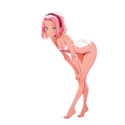 1girl anime_style bare_legs bare_shoulders barefoot bent_over blush bra digital_media_(artwork) feet green_eyes hands_on_own_knees headband highres highres1girl leaning_forward lingerie looking_at_viewer naruto naruto_(series) panties pink_hair red_headband sakura_haruno short_hair simple_background solo underwear white_background white_bra white_lingerie white_panties