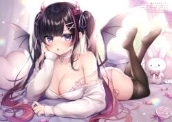 absurdres black_hair black_legwear blurry blurry_background blush bow bra breast_slip breasts candy candy_wrapper collar demon demon_girl demon_horns demon_wings depth_of_field diagonal_stripes eyebrows_visible_through_hair female flashing food frilled_pillow frills full_body gradient_hair grey_wings heart heart_pillow highres holding holding_candy holding_food holding_lollipop horns large_breasts legs_up lollipop long_sleeves looking_at_viewer lying medium_breasts mitsuba_choco multicolored_hair oerba_yun_fang off-shoulder_shirt off_shoulder on_stomach open_mouth original panties pennant pillow pink_bra pink_panties plushie polka_dot purple_eyes red_hair shirt side-tie_panties sleeves_past_wrists soles solo strap_slip streaked_hair string_of_flags striped striped_bow stuffed_animal stuffed_bunny stuffed_toy swirl_lollipop thighhighs twintails underwear white_collar white_shirt wings