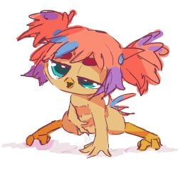 1:1 anthro avian beak bird blue_eyes female godforgiveme4 hair hand_on_floor hi_res june_(angry_birds) masturbation open_beak open_mouth red_hair simple_background solo spread_legs spreading tail