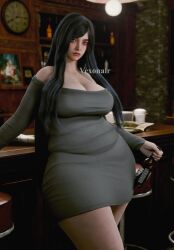 3d belly black_hair casual cleavage curvy dress female female_only large_breasts long_hair long_sleeves looking_at_viewer raven_(stellar_blade) standing stellar_blade thick_thighs vexonair wide_hips