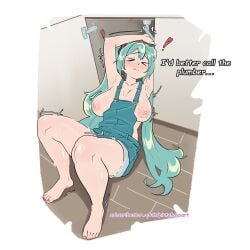 >_< 1girls accidental_exposure aqua_hair areolae armpits barefoot big_breasts blush breasts breasts_apart breasts_out cleavage closed_eyes cute english_text exposed_breasts exposed_legs feet female female_only hands_above_head hatsune_miku holding_wrench jean_shorts knees legs light-skinned_female light_skin long_hair lying lying_on_floor mature mature_female nipples no_bra on_back on_floor overalls piutahayo repairing shorts solo struggling sweatdrop text toenail_polish twintails very_long_hair vocaloid wardrobe_malfunction wavy_mouth