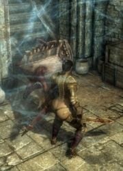 altmer bethesda_softworks bikini_armor black_hair blood butt_crack dat_ass dungeon elf female game_screenshot high_elf huge_ass knight monster shield short_hair skyrim sword the_elder_scrolls thong