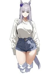 bow_ribbon gold_ship_(umamusume) horse_girl large_breasts long_sleeves purple_eyes short_shorts silver_hair sweater thick_thighs thighhighs umamusume