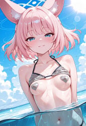 ai_generated animal_ear_fluff animal_ears bikini blue_archive blue_eyes blush breasts_out fox_ears fox_girl halo heart_pasties in_water looking_at_viewer milfhunter228 niko_(blue_archive) ocean outdoors pink_hair short_hair sky smile standing wet