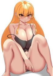 big_breasts black_bra black_panties bra_strap_slip hands_covering_pussy legs_spread long_hair loose_bra nobunagapero orange_eyes orange_hair peronattu plump_thighs sitting white_background