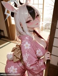 1girl ai_generated alternate_costume animal_ears arlequin097 ass black_choker black_hair black_horns blue_archive blush breasts bright_pupils choker cleavage closed_mouth demon_horns ear_piercing extra_ears floral_print grey_halo hair_between_eyes halo horns indoors japanese_clothes kayoko_(blue_archive) kemonomimi_mode kimono large_breasts long_hair long_sleeves looking_at_viewer multicolored_hair obi piercing pink_kimono print_kimono rabbit_ears rabbit_girl rabbit_tail red_eyes sash shouji sliding_doors smile solo tail tatami two-tone_hair white_hair wide_sleeves