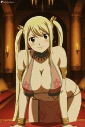 1girl ai_generated all_fours armlet bare_shoulders blonde_hair blush bracelet breasts brown_eyes choker cleavage collarbone default_ahri digitalwaifugallery earrings hair_between_eyes hi_res high_quality high_resolution indoors jewelry large_breasts league_of_legends leaning_forward long_hair looking_at_viewer navel patreon ribbon seductive sexy sidelocks smile solo twintails uncensored watermark