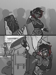 1boy 1girls black_hair blood brain_fuck brain_matter breasts broken_phone choker clothed comic corpse cum cum_in_ear cum_on_body cum_on_breasts cum_on_face dark-skinned_female death ear_penetration empty_eyes english_text fingerless_gloves fishnet_armwear gloria_(gurochanop) gore guro gurochanop headphones huge_breasts necrophilia nipples rape red_eyes red_hair sex short_hair skull_fucking snuff sports_bra streaked_hair