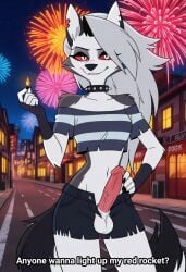 1futa 1girls ai_generated american_flag_shirt anthro balls canine canine_penis canis erection fire furry helluva_boss looking_at_viewer loona_(helluva_boss) match penis penis_out smile talking_to_viewer testicles text vivienne_medrano vivziepop wolf wolf_girl