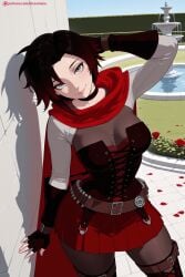 1girl ai_generated belt black_hair breasts cape choker cleavage corset fingerless_gloves gloves gradient_hair hi_res high_quality high_resolution hooded_cloak kiraamane large_breasts long_sleeves looking_at_viewer medium_breasts middle_eastern_mythology multicolored_hair pantyhose patreon petals red_hair red_skirt rose_petals ruby_rose ruby_rose_(mistral) seductive sexy short_hair silver_eyes skirt solo standing thighhighs two-tone_hair uncensored watermark