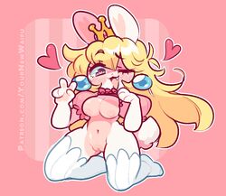 <3_eyes 1girls 2019 :3 alternate_species blush breasts crown fangs heart humanoid jaltoid kneeling lagomorph leporid mammal mario_(series) mario_+_rabbids mario_+_rabbids:_kingdom_battle nintendo pussy rabbid rabbid_peach rabbit raving_rabbids smile ubisoft v video_games waifusforu yournewwaifu