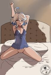 1girls furina_(genshin_impact) genshin_impact hornyskitarii kneeling morning nightgown no_panties pussy small_breasts stretching white_hair yawn