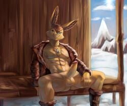 anthro boner buckteeth cabin cock coloured commission erection furry looking_at_viewer male muscle outdoors public rabbit snow soina