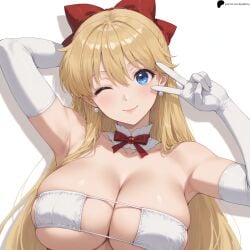 1girl 1girls ai_generated arm_behind_head armpits bangs bishoujo_senshi_sailor_moon blonde_hair blue_eyes breasts closed_mouth earrings elbow_gloves hair_ribbon hi_res high_quality high_resolution highres large_breasts light light_blush lips long_hair looking_at_viewer nose one_eye_closed opal_nemy patreon_logo patreon_url patreon_username plain_background red_ribbon ribbon sailor_moon_(series) sailor_venus self_upload shadow shiny shiny_hair shiny_skin simple_background smile solo v watermark white_background