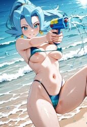 1girl 1girls ai ai-created ai_art ai_assisted ai_generated aiming_at_viewer beach bikini blue_hair clair_(pokemon) game_freak greymaker gym_leader mature_female mature_woman medium_breasts nintendo pokemon pokemon_(anime) pokemon_anime pokemon_character shooting solo solo_female stable_diffusion summer sunny water watergun woman