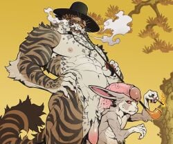 6:5 abs absurd_res anthro balls biceps big_balls big_penis bodily_fluids brown_sclera claws clothing erection eyebrows fangs felid fur genitals glans hat hat_only headgear headgear_only headwear headwear_only hi_res humanoid_genitalia humanoid_penis jacketbear kemono lagomorph leporid male mammal mostly_nude muscular muscular_anthro muscular_male navel nipples pantherine pecs penis penis_on_head rabbit red_sclera size_difference smoking_pipe standing sweat sweatdrop tail teeth tiger vein veiny_penis