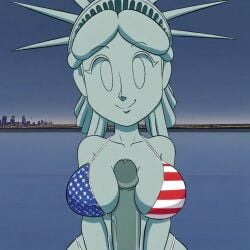 1boy 1girls ai_generated american_flag_bikini bikini breasts cleavage paizuri penis penis_between_breasts statue_of_liberty titfuck
