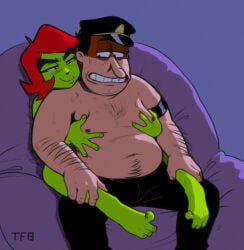 annie_bell antonblast belly chubby_male feet grabbing_from_behind green_skin hairy_chest peppino_spaghetti pizza_tower red_hair straight