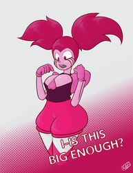 1girls artist_request big_breasts breasts cartoon_network cleavage female_only gem gem_(species) gloves heart looking_down pink_eyes pink_hair pink_skin solo spinel_(steven_universe) steven_universe steven_universe:_the_movie text twintails wide_hips