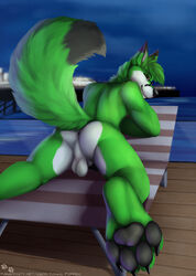 anthro anus ass backsack balls canid canine claws digitigrade dipstick_tail eyewear feet fox fur glasses green_body green_fur hi_res jonas-puppeh looking_at_viewer lying male male_only mammal multicolored_tail nude on_front outside pawpads paws public_nudity sea shadownight shore solo spread_legs spreading water white_body white_fur