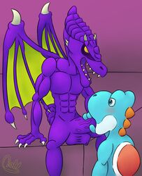 2019 anthro anthrofied balls blush digital_media_(artwork) dinosaur dragon duo erection evil_grin fellatio hi_res humanoid_penis lewd_lotl male male/male mario_(series) metroid nintendo nude oral penile penis reptile ridley scalie sex sitting smile snekolai space_dragon_(metroid) standing toony video_games yoshi