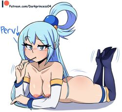 aqua_(konosuba) ass big_breasts blue_hair boots darkprincess04 heel_boots high_heel_boots kono_subarashii_sekai_ni_shukufuku_wo! nude on_stomach the_pose thigh_boots thighhigh_boots thighs