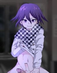 2boys censor_bar cowgirl_position danganronpa danganronpa_v3 gay half-dressed kokichi_ouma leaking ouma_kokichi pale_skin penis precum purple_eyes purple_hair shaved straight_hair tiny_penis yaoi