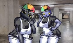 2girls bending_forward bending_over black_pupils breasts chetoh clothed clothed_female english_text female female_focus female_only hand_on_hip looking_at_viewer maid_outfit meter meter_maid no_pupils one_tooth_visible original_characters photo_background robot robot_girl smile smiling smiling_at_viewer stockings text waving_at_viewer yellow_eyes