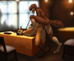 anal anal_sex animal_genitalia animal_penis anthro anthro_on_anthro anthro_penetrated anthro_penetrating anthro_penetrating_anthro arm_grab ass backsack balls beard black_nose brown_body brown_fur brown_hair canid canine canine_penis canis chair claws collar collar_tag desk digitigrade domestic_dog domination duo ears_back erection eyebrows eyewear facial_hair fox from_behind_position fur furaffinity furniture glasses green_eyes hair half-closed_eyes hand_behind_back knot leash leash_in_mouth looking_at_another looking_back male male/male male_domination male_penetrated male_penetrating male_penetrating_male mammal mutt_(character) nude object_in_mouth on_desk open_mouth orange_body orange_fur penetration penis perineum pivoted_ears ramaelfox sex signature submissive submissive_male tan_body tan_fur teeth toe_claws twitter wagnermutt white_body white_fur