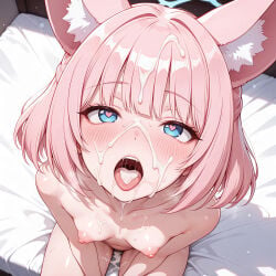 ai_generated animal_ear_fluff animal_ears blue_archive blue_eyes blush cum cum_in_mouth cum_on_face fox_ears fox_girl from_above halo heart-shaped_pupils heavy_breathing looking_at_viewer milfhunter228 naughty_face niko_(blue_archive) nude on_bed open_mouth pink_hair shiny_skin short_hair sitting solo_female tongue tongue_out