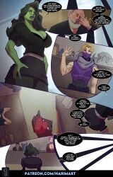 2boys 2d 2girls ass background big_ass big_breasts black_widow_(marvel) black_widow_(marvel_rivals) blackwidow clothed clothed_female comic dialogue female green_skin hawkeye_(marvel_rivals) legs marvel_rivals narim-art patreon she-hulk text text_bubble