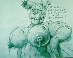 1boy animatronic annoyed anthro big_pecs bite bite_mark_on_breast bite_marks blushing bodily_fluids dialogue embarrassed english_text exhausted five_nights_at_freddy's five_nights_at_freddy's_3 fnaf furry gay huge_breasts huge_pecs lactation male male_breasts male_only nipples pecs rabbit randoming1922 robot scottgames shirtless solo solo_focus springtrap_(fnaf) sweat sweatdrop sweating text