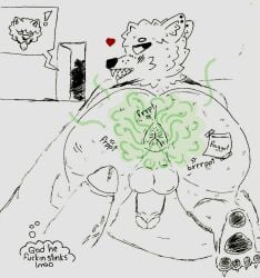 anonymous_artist anthro bed canid canine canis coyote fart fart_cloud fart_fetish farting_at_viewer farting_on_penis fox furniture gas group hookup humanoid male male/male mammal roommate solo trio